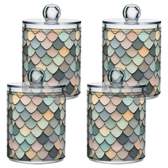 Yayeee 4 Pack Qtip Holder Bathroom Cotton Swab Canister with Lid Clear Dispenser Set, Green Art Pattern