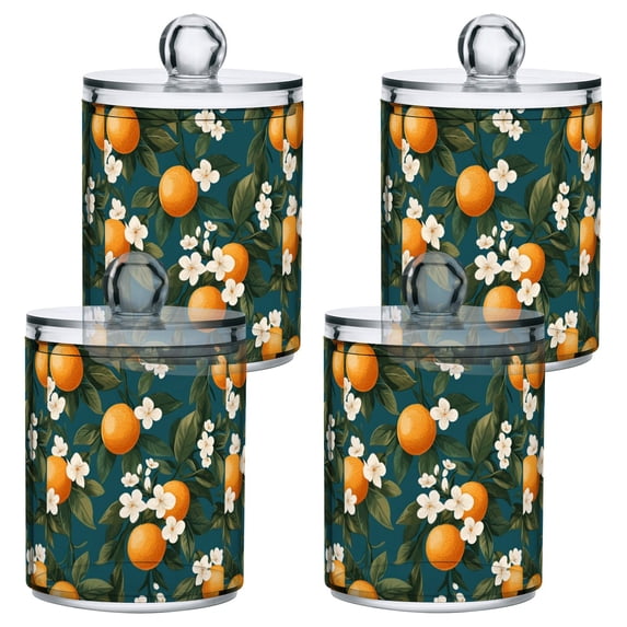 Yayeee 4 Pack Qtip Holder Bathroom Cotton Swab Canister with Lid Clear Dispenser Set, Green Floral Orange