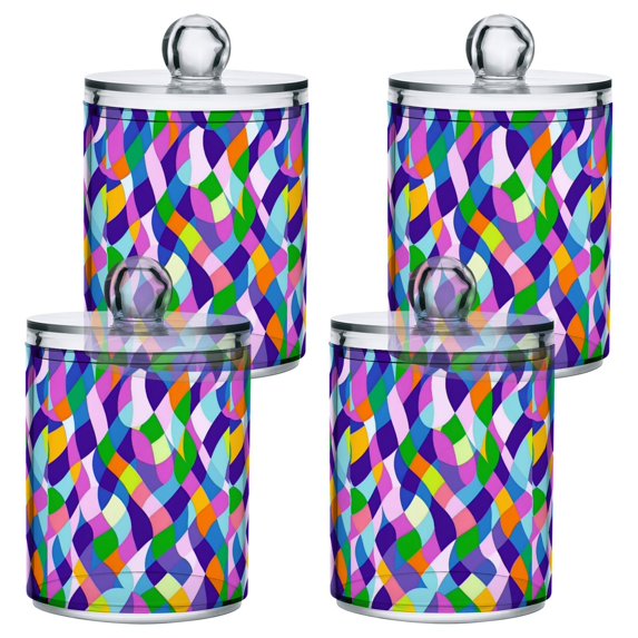 Yayeee 4 Pack Qtip Holder Bathroom Cotton Swab Canister with Lid Clear Dispenser Set, Green Wavy Plaid