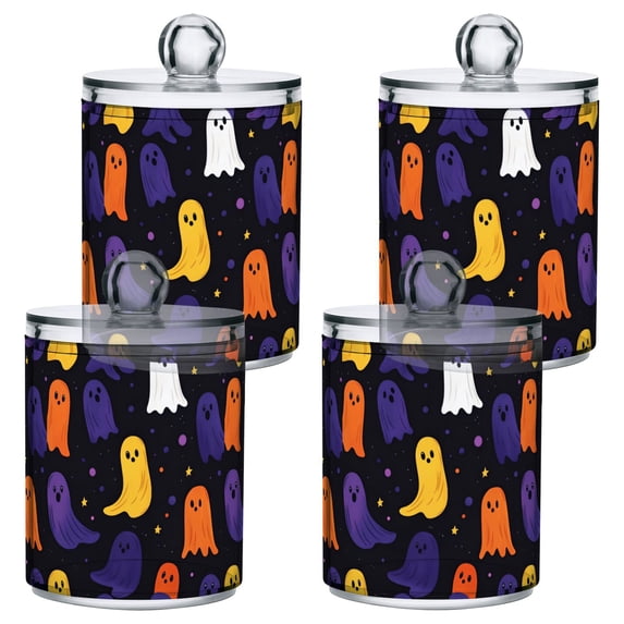 Yayeee 4 Pack Qtip Holder Bathroom Cotton Swab Canister with Lid Clear Dispenser Set, Halloween Colorful Ghosts