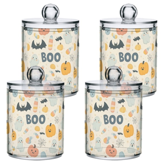Yayeee 4 Pack Qtip Holder Bathroom Cotton Swab Canister with Lid Clear Dispenser Set, Halloween Cute Pumpkins