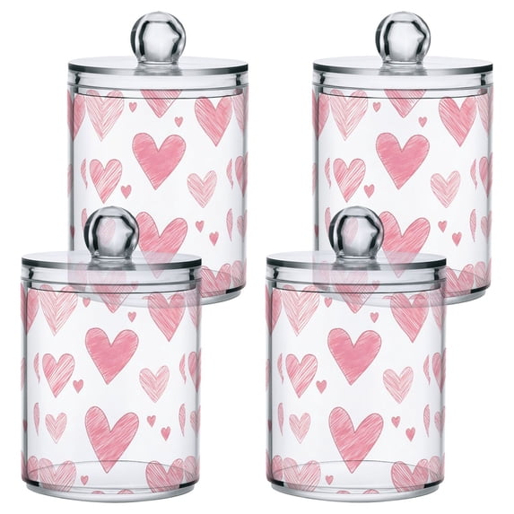 Yayeee 4 Pack Qtip Holder Bathroom Cotton Swab Canister with Lid Clear Dispenser Set, Hand Drawn Hearts