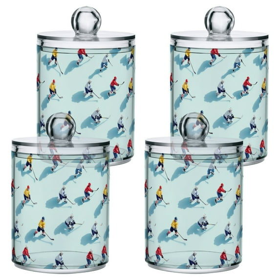 Yayeee 4 Pack Qtip Holder Bathroom Cotton Swab Canister with Lid Clear Dispenser Set, Ice Hockey
