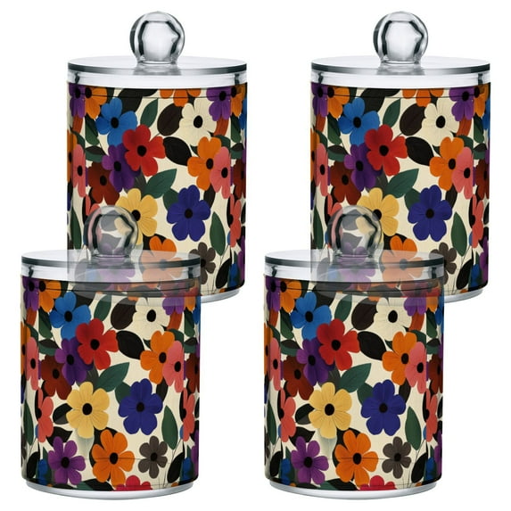 Yayeee 4 Pack Qtip Holder Bathroom Cotton Swab Canister with Lid Clear Dispenser Set, Large Colorful Flowers Pattern