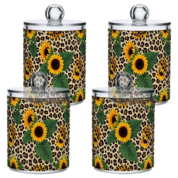Yayeee 4 Pack Qtip Holder Bathroom Cotton Swab Canister with Lid Clear Dispenser Set, Leopard Print Sunflower