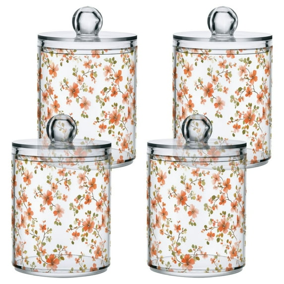 Yayeee 4 Pack Qtip Holder Bathroom Cotton Swab Canister with Lid Clear Dispenser Set, Orange Floral Blooms