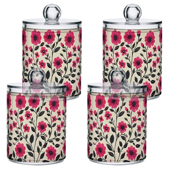 Yayeee 4 Pack Qtip Holder Bathroom Cotton Swab Canister with Lid Clear Dispenser Set, Pink Flowers