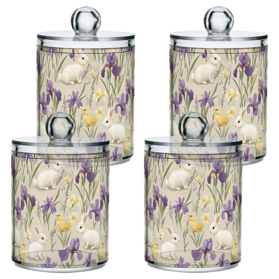 Yayeee 4 Pack Qtip Holder Bathroom Cotton Swab Canister with Lid Clear Dispenser Set, Purple Floral Rabbit