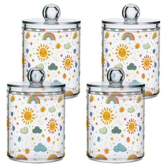 Yayeee 4 Pack Qtip Holder Bathroom Cotton Swab Canister with Lid Clear Dispenser Set, Rainbows Pattern
