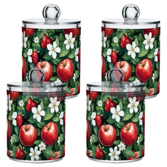 Yayeee 4 Pack Qtip Holder Bathroom Cotton Swab Canister with Lid Clear Dispenser Set, Red Apple Pattern
