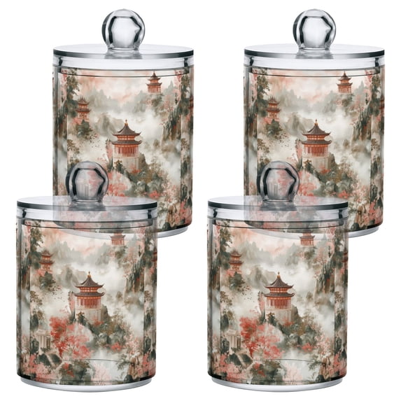 Yayeee 4 Pack Qtip Holder Bathroom Cotton Swab Canister with Lid Clear Dispenser Set, Red Mountain Pattern