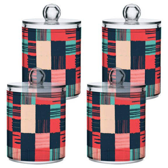 Yayeee 4 Pack Qtip Holder Bathroom Cotton Swab Canister with Lid Clear Dispenser Set, Red Teal Plaid