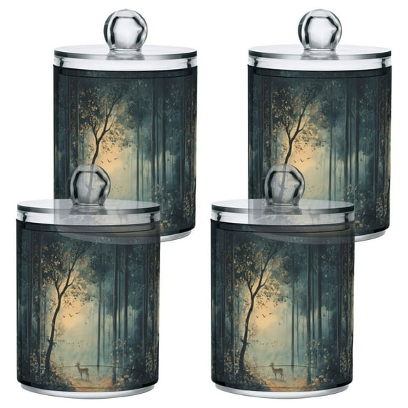 Yayeee 4 Pack Qtip Holder Bathroom Cotton Swab Canister with Lid Clear Dispenser Set, Retro Forest