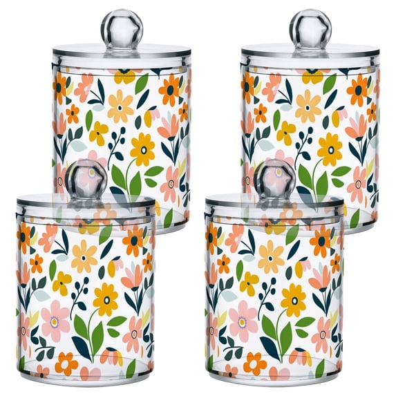 Yayeee 4 Pack Qtip Holder Bathroom Cotton Swab Canister with Lid Clear Dispenser Set, Retro Yellow Floral