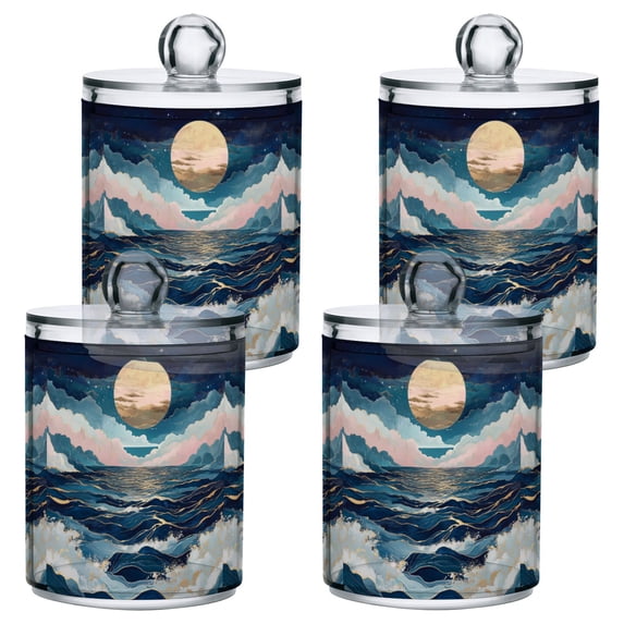 Yayeee 4 Pack Qtip Holder Bathroom Cotton Swab Canister with Lid Clear Dispenser Set, Rolling Waves