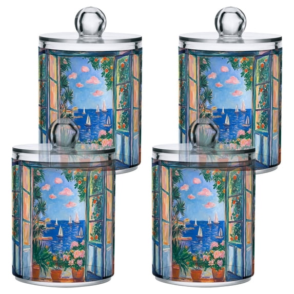 Yayeee 4 Pack Qtip Holder Bathroom Cotton Swab Canister with Lid Clear Dispenser Set, Sea Window