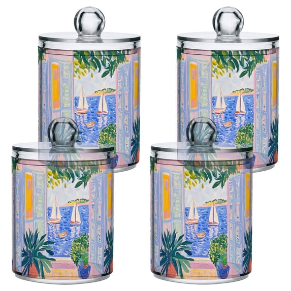 Yayeee 4 Pack Qtip Holder Bathroom Cotton Swab Canister with Lid Clear Dispenser Set, Seaside Boat
