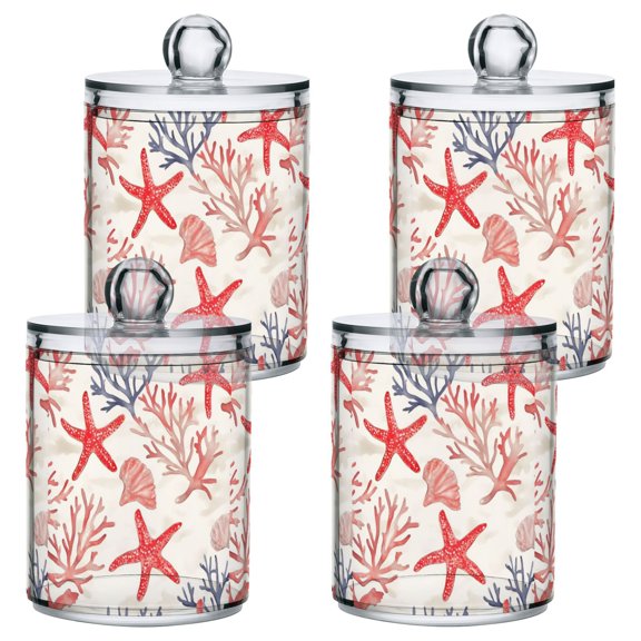 Yayeee 4 Pack Qtip Holder Bathroom Cotton Swab Canister with Lid Clear Dispenser Set, Starfish Seashell