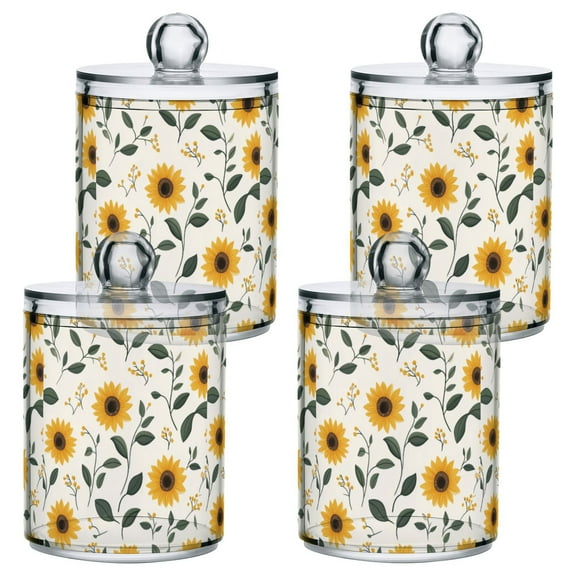 Yayeee 4 Pack Qtip Holder Bathroom Cotton Swab Canister with Lid Clear Dispenser Set, Sunflower Pattern