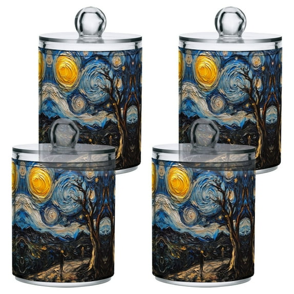 Yayeee 4 Pack Qtip Holder Dispenser for Bathroom with Lid Cotton Swab Canister, Swirling Starry Sky