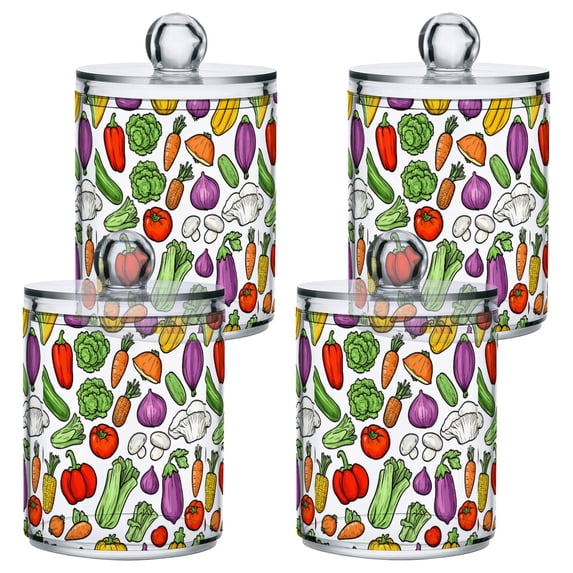 Yayeee 4 Pack Qtip Holder Bathroom Cotton Swab Canister with Lid Clear Dispenser Set, Vegetables Pattern