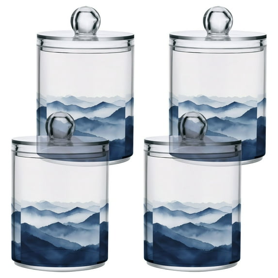 Yayeee 4 Pack Qtip Holder Bathroom Cotton Swab Canister with Lid Clear Dispenser Set, Watercolor Mountains