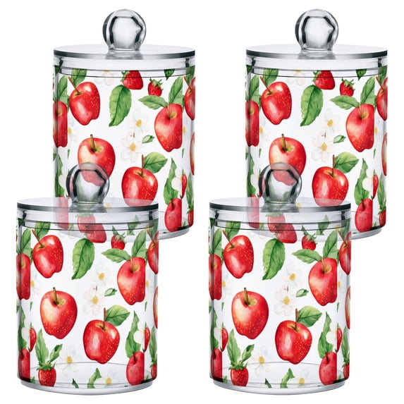 Yayeee 4 Pack Qtip Holder Bathroom Cotton Swab Canister with Lid Clear Dispenser Set, White Apple Pattern