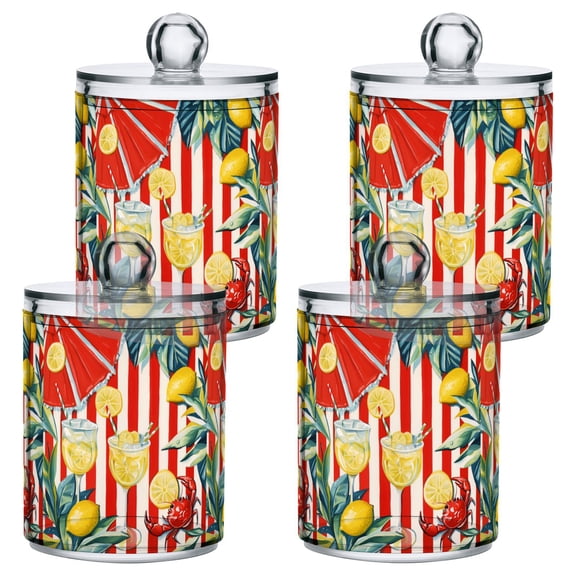 Yayeee 4 Pack Qtip Holder Bathroom Cotton Swab Canister with Lid Clear Dispenser Set, White Striped Lemon