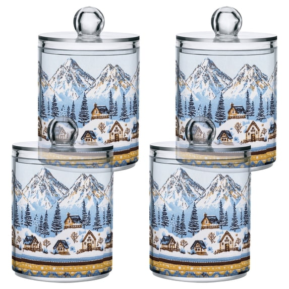 Yayeee 4 Pack Qtip Holder Bathroom Cotton Swab Canister with Lid Clear Dispenser Set, Winter Village