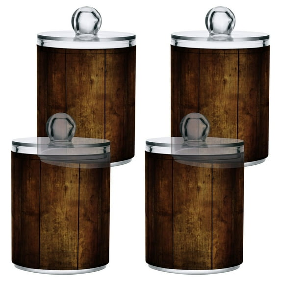 Yayeee 4 Pack Qtip Holder Bathroom Cotton Swab Canister with Lid Clear Dispenser Set, Wood Grain