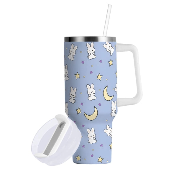 Yayeee 40oz Stainless Steel Tumbler with Straw and Handle Double-Wall Insulated Travel Water Bottle, Blue Cartoon Rabbit Pattern