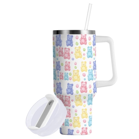 Yayeee 40oz Stainless Steel Tumbler with Straw and Handle Double-Wall Insulated Travel Water Bottle, Colorful Gummy Bears Pattern