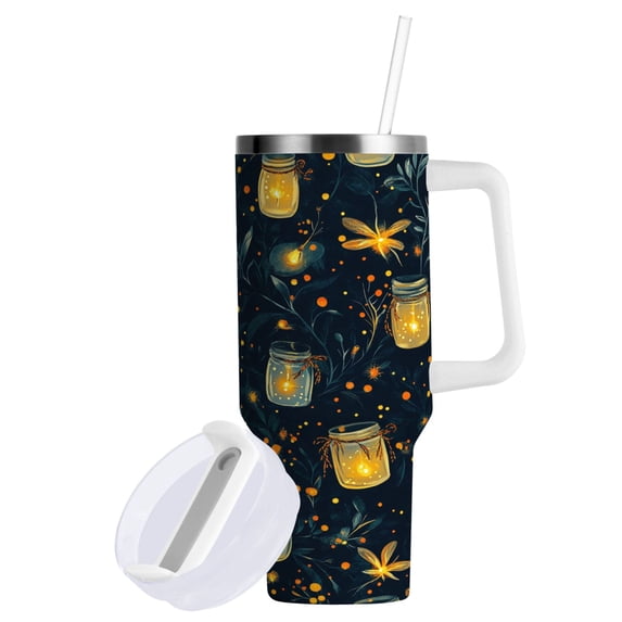 Yayeee 40oz Stainless Steel Tumbler with Straw and Handle Double-Wall Insulated Travel Water Bottle, Orange Fireflies Pattern