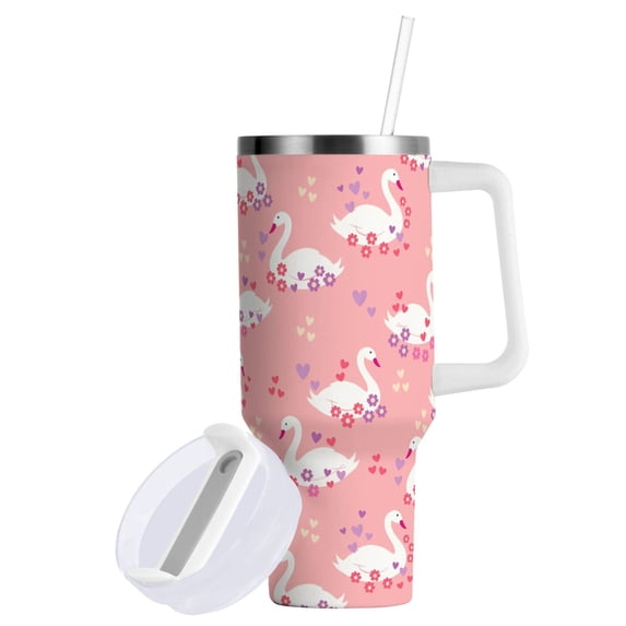 Yayeee 40oz Stainless Steel Tumbler with Straw and Handle Double-Wall Insulated Travel Water Bottle, Pink Cartoon Swans Pattern