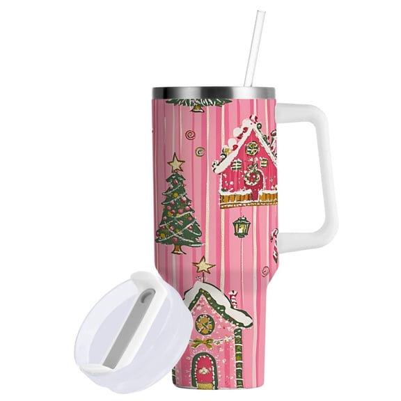 Yayeee 40oz Stainless Steel Tumbler with Straw and Handle Double-Wall Insulated Travel Water Bottle, Pink Gingerbread House