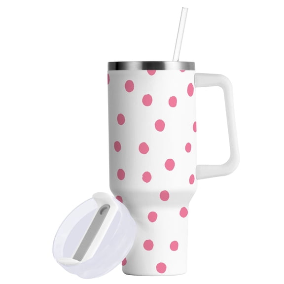 Yayeee 40oz Stainless Steel Tumbler with Straw and Handle Double-Wall Insulated Travel Water Bottle, Pink Polka Dots