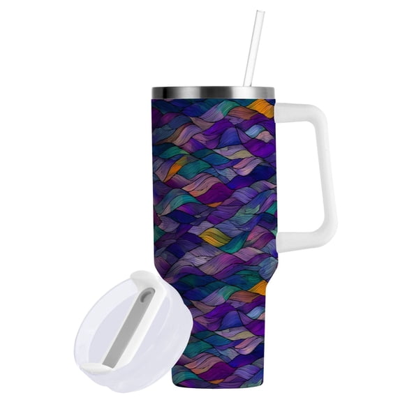 Yayeee 40oz Stainless Steel Tumbler with Straw and Handle Double-Wall Insulated Travel Water Bottle, Purple Waves Pattern