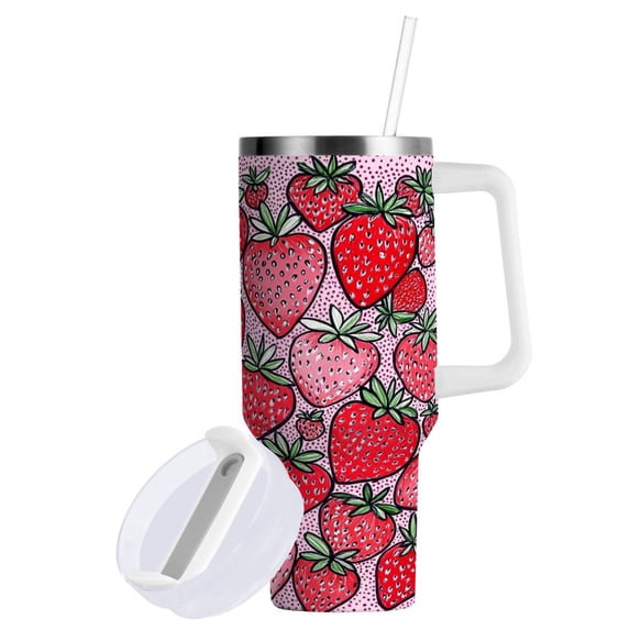 Yayeee 40oz Stainless Steel Tumbler with Straw and Handle Double-Wall Insulated Travel Water Bottle, Sweet Strawberry