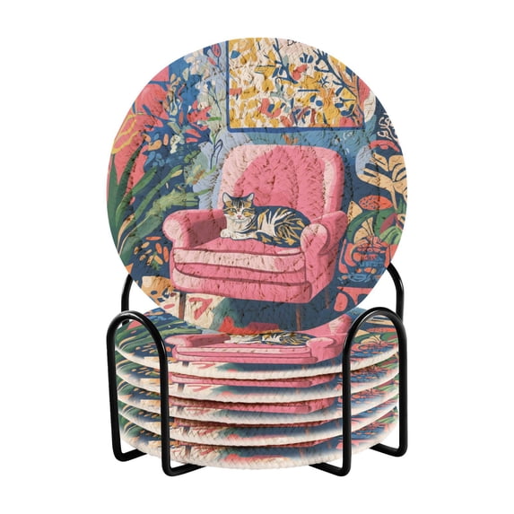 Yayeee 6 PCS Drink Coasters with Holder Set Woven Absorbent Round Tabletop Hot Pad, Art Cat