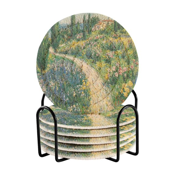 Yayeee 6 PCS Drink Coasters with Holder Set Woven Absorbent Round Tabletop Hot Pad, Art Garden Scene