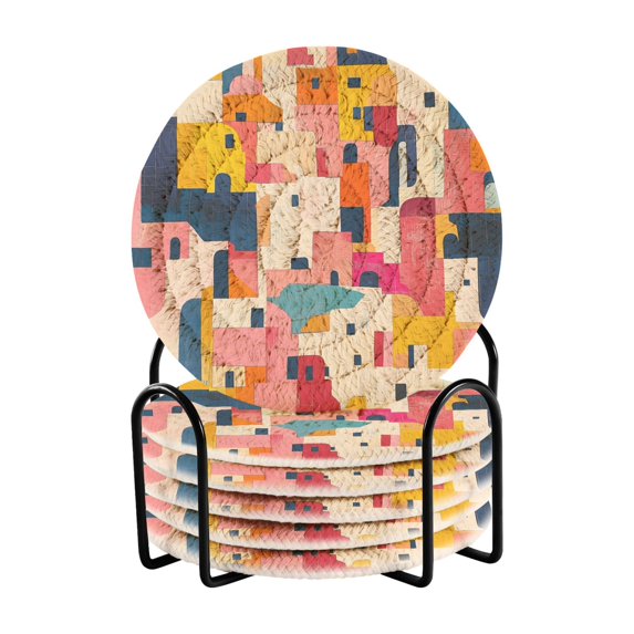 Yayeee 6 PCS Drink Coasters with Holder Set Woven Absorbent Round Tabletop Hot Pad, Art Geometric