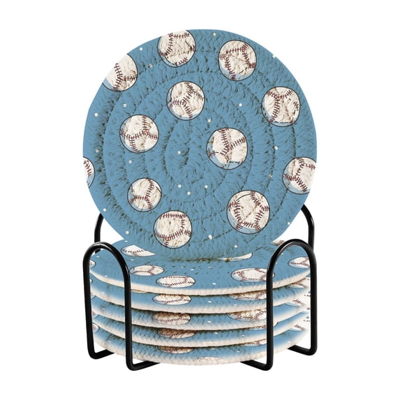 Yayeee 6 PCS Drink Coasters with Holder Set Woven Absorbent Round Tabletop Hot Pad, Baseballs Pattern