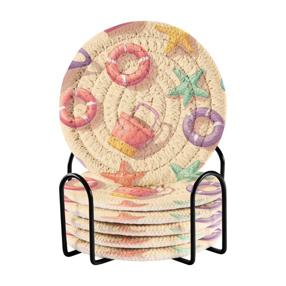Yayeee 6 PCS Drink Coasters with Holder Set Woven Absorbent Round Tabletop Hot Pad, Beach Toys Pattern
