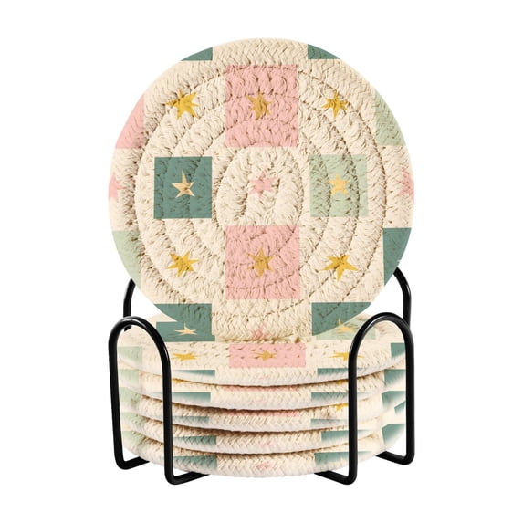 Yayeee 6 PCS Drink Coasters with Holder Set Woven Absorbent Round Tabletop Hot Pad, Beige Abstract