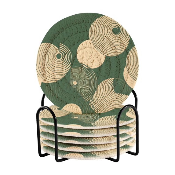 Yayeee 6 PCS Drink Coasters with Holder Set Woven Absorbent Round Tabletop Hot Pad, Beige Abstract