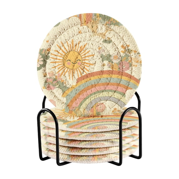 Yayeee 6 PCS Drink Coasters with Holder Set Woven Absorbent Round Tabletop Hot Pad, Beige Clouds