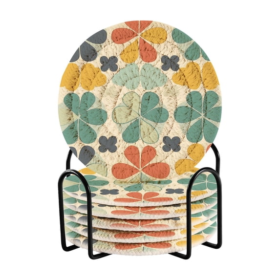 Yayeee 6 PCS Drink Coasters with Holder Set Woven Absorbent Round Tabletop Hot Pad, Beige Clover Pattern