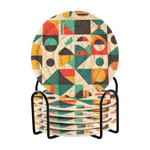 Yayeee 6 PCS Drink Coasters with Holder Set Woven Absorbent Round Tabletop Hot Pad, Beige Geometric