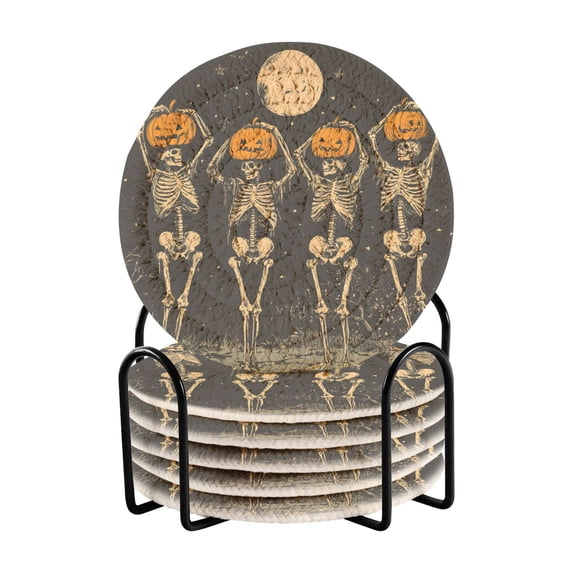 Yayeee 6 PCS Drink Coasters with Holder Set Woven Absorbent Round Tabletop Hot Pad, Beige Halloween Skeleton