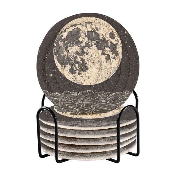Yayeee 6 PCS Drink Coasters with Holder Set Woven Absorbent Round Tabletop Hot Pad, Beige Moon
